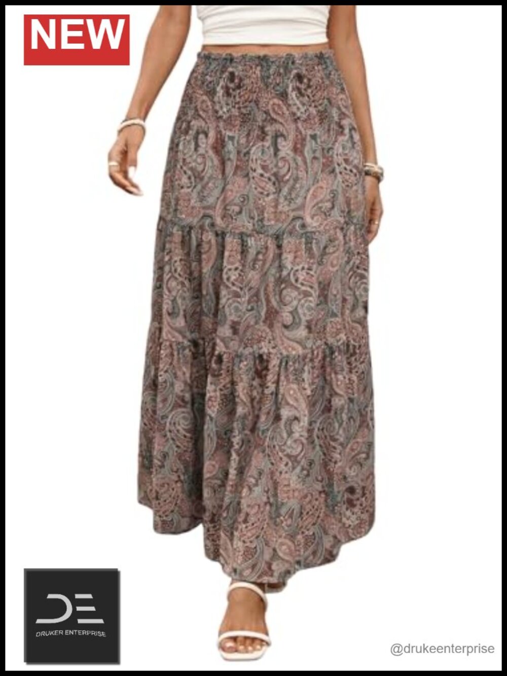 Women's Boho Maxi Skirt Tiered Ruffle Flowy Elastic High Waist Beach Skirt